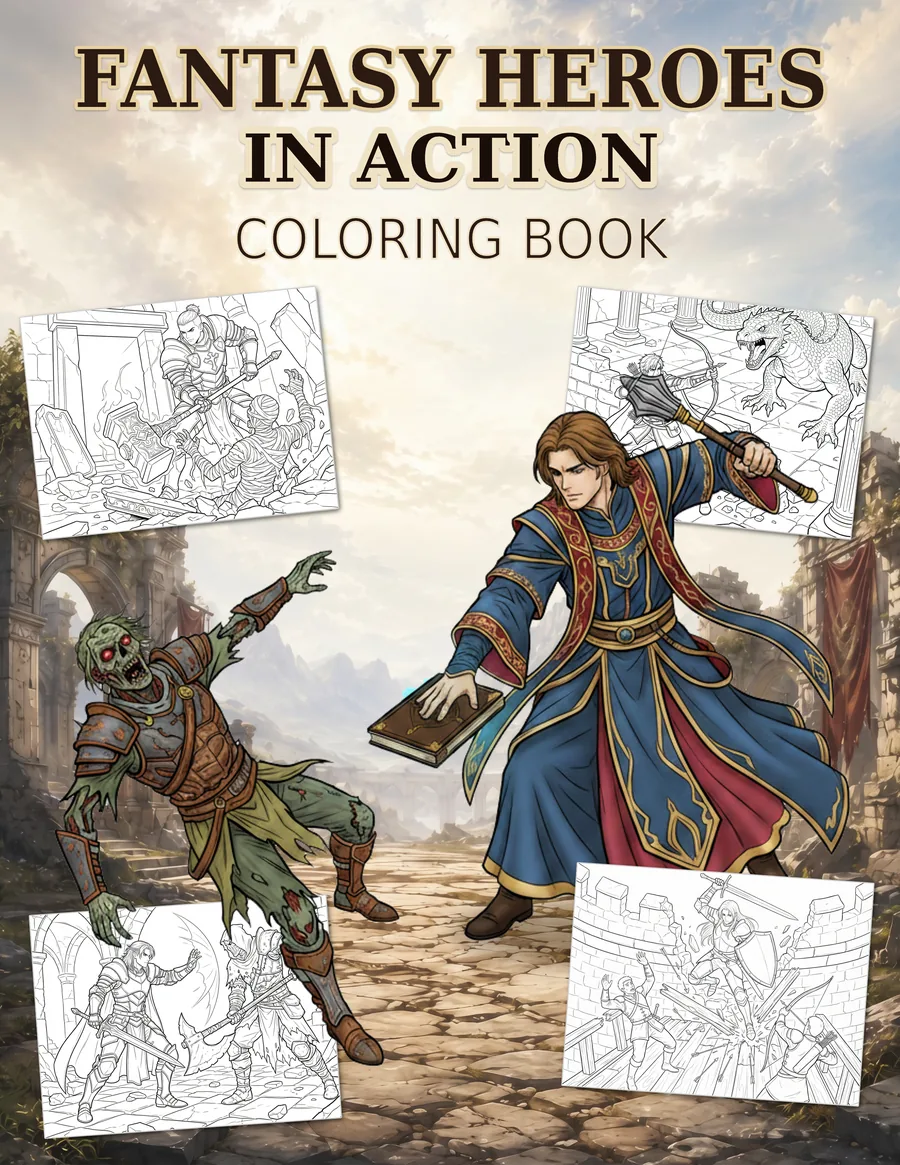 Fantasy Heroes in Action coloring book front cover